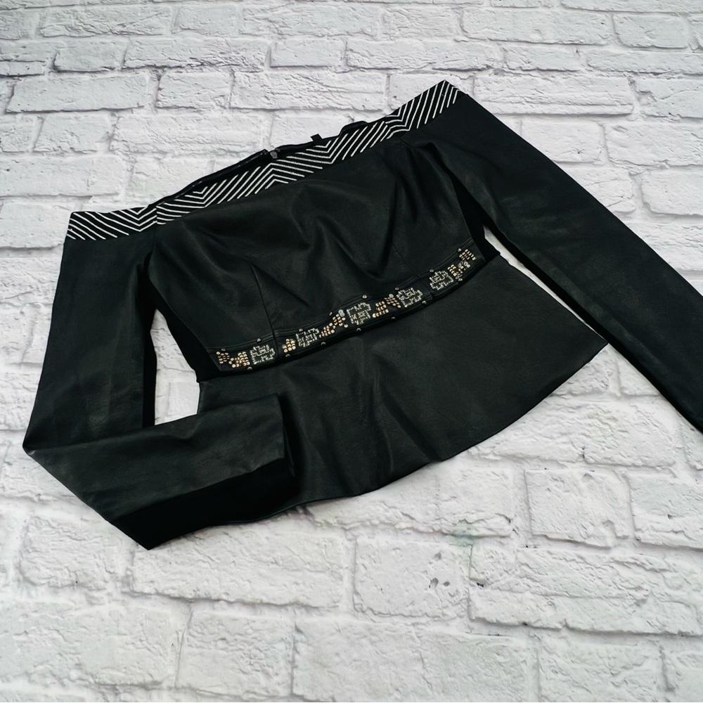 BCBGMaxAzria Black Strapless Cropped Faux Leather Top Shirt Size Small Sparkle